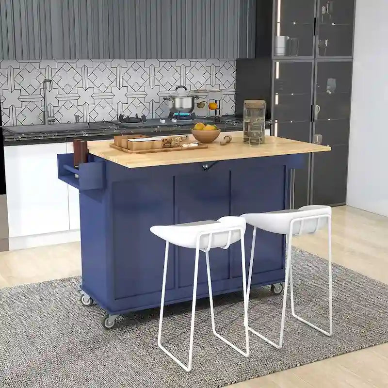 52.7 W Folding Multifunctional Lockable Wheel Kitchen Cart with 2 Doors and 3 Drawers