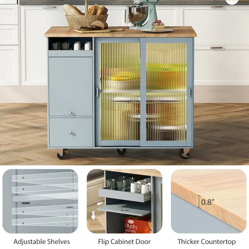 44 in. W Kitchen Island Rubber Wood Drop-Leaf Countertop on 5 Wheels with an Adjustable Shelf and 2 Drawers - 44
