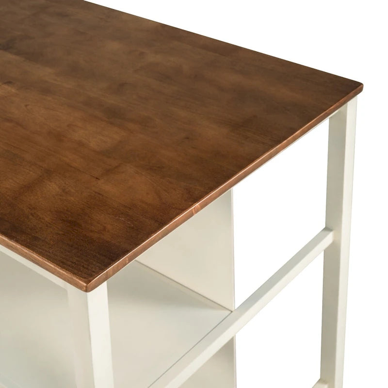 Solid Wood Rustic 45 in Kitchen Island with Butcher Block Top, 2 Shelves, Walnut and Cream White
