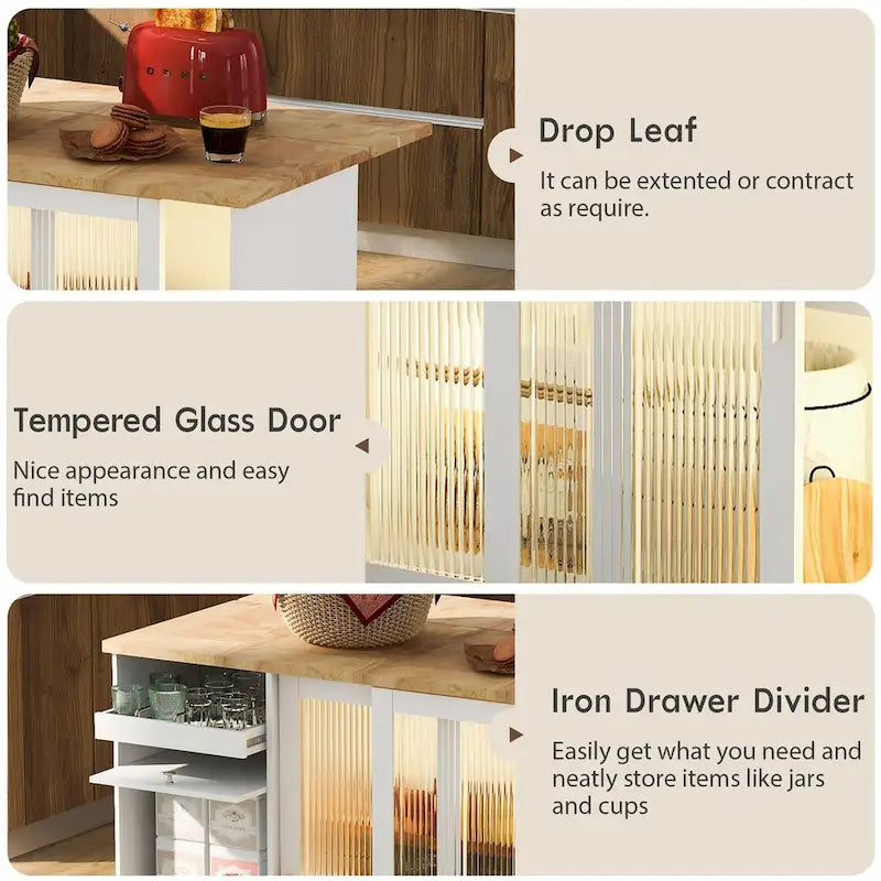 Kitchen Island with Drop Leaf,LED Light Cart on Wheels with 2 Fluted Glass Doors,Adjustable Shelf,2 Drawers,1 Flip Cabinet Door