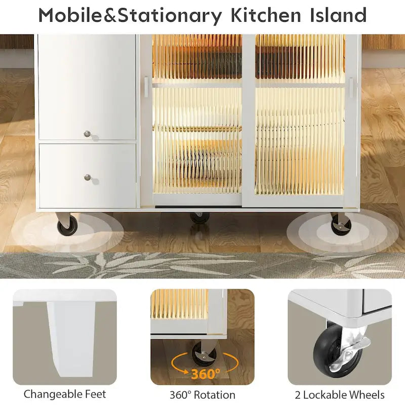Kitchen Island with Drop Leaf,LED Light Cart on Wheels with 2 Fluted Glass Doors,Adjustable Shelf,2 Drawers,1 Flip Cabinet Door