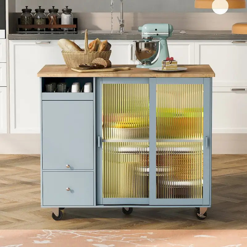 Kitchen Island with Drop Leaf,LED Light Cart on Wheels with 2 Fluted Glass Doors,Adjustable Shelf,2 Drawers,1 Flip Cabinet Door