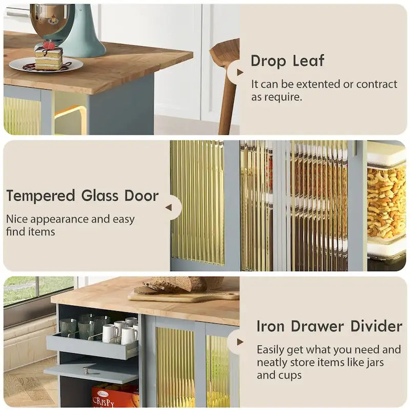 Kitchen Island with Drop Leaf,LED Light Cart on Wheels with 2 Fluted Glass Doors,Adjustable Shelf,2 Drawers,1 Flip Cabinet Door