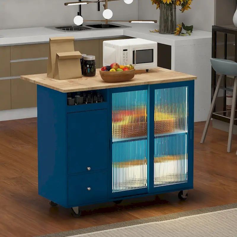 Kitchen Island with Drop Leaf,LED Light Cart on Wheels with 2 Fluted Glass Doors,Adjustable Shelf,2 Drawers,1 Flip Cabinet Door