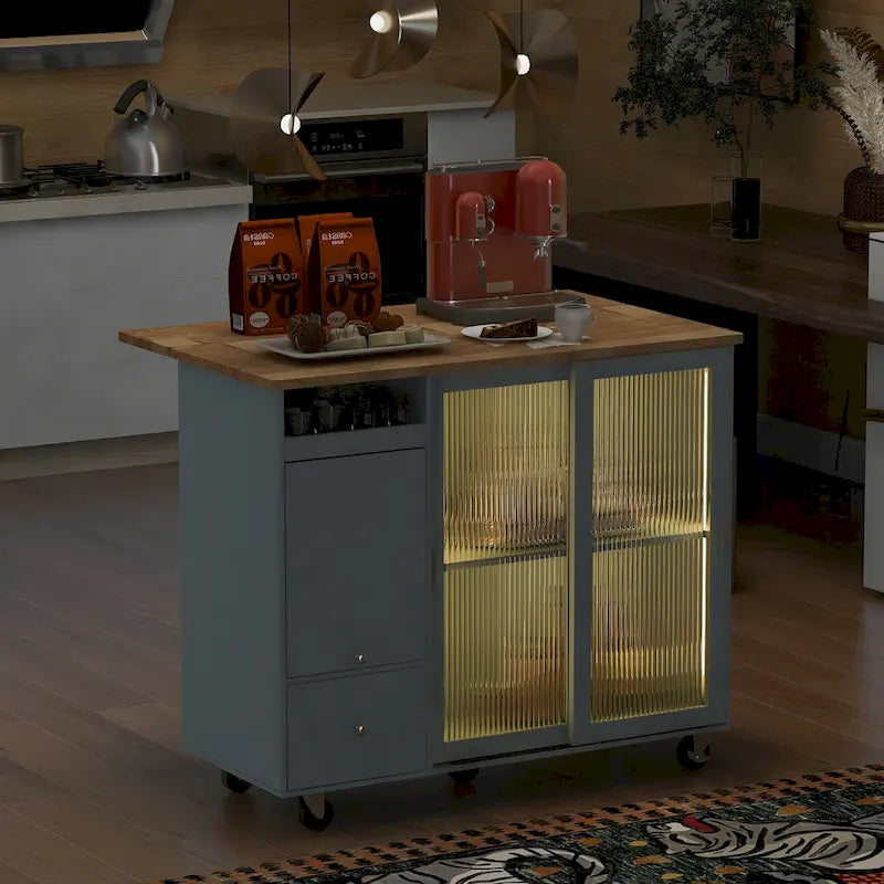 Kitchen Island with Drop Leaf,Light Cart on Wheels with 2 Glass and 1 Flip Cabinet Door,Island Cart with an Shelf and 2 Drawers