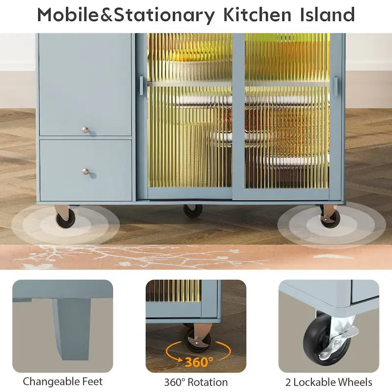 Kitchen Island with Drop Leaf,Light Cart on Wheels with 2 Glass and 1 Flip Cabinet Door,Island Cart with an Shelf and 2 Drawers