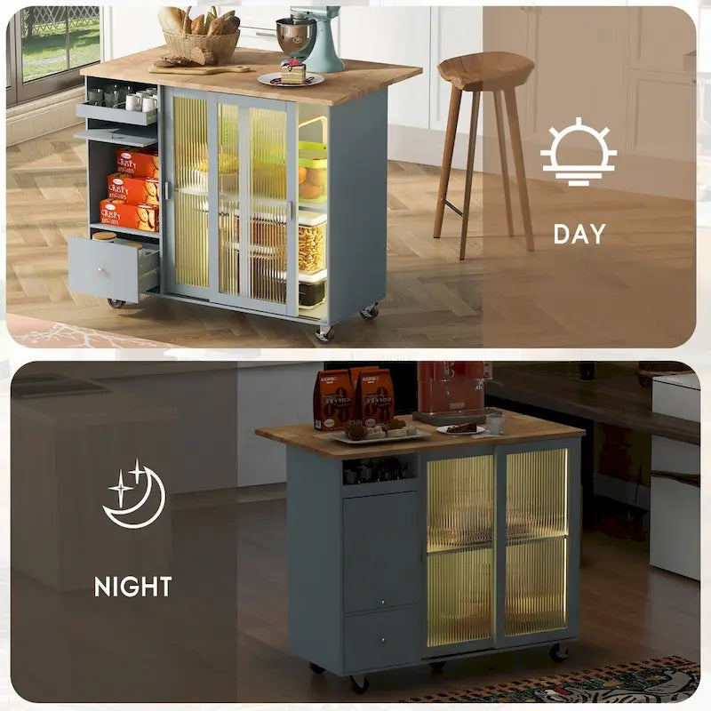 Kitchen Island with Drop Leaf,Light Cart on Wheels with 2 Glass and 1 Flip Cabinet Door,Island Cart with an Shelf and 2 Drawers