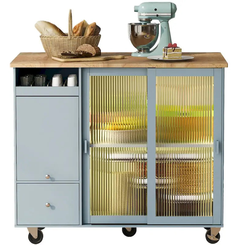 Kitchen Island with Drop Leaf,Light Cart on Wheels with 2 Glass and 1 Flip Cabinet Door,Island Cart with an Shelf and 2 Drawers
