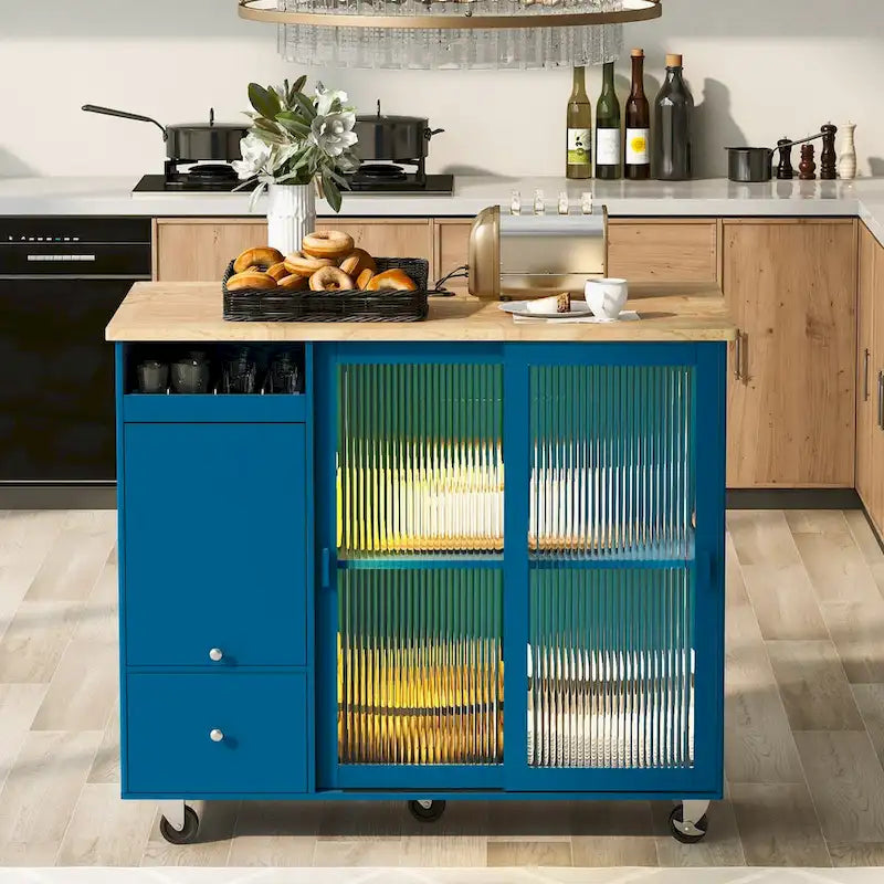 Kitchen Island with Drop Leaf,Light Cart on Wheels with 2 Glass and 1 Flip Cabinet Door,Island Cart with an Shelf and 2 Drawers