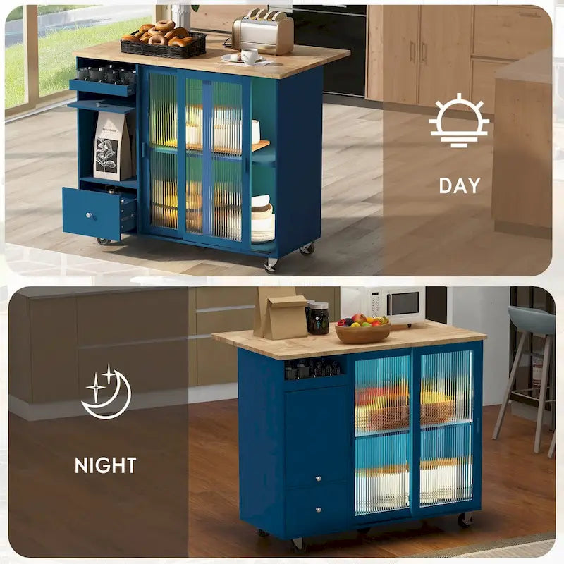 Kitchen Island with Drop Leaf,Light Cart on Wheels with 2 Glass and 1 Flip Cabinet Door,Island Cart with an Shelf and 2 Drawers