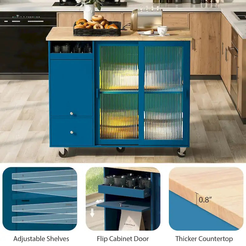 Kitchen Island with Drop Leaf,Light Cart on Wheels with 2 Glass and 1 Flip Cabinet Door,Island Cart with an Shelf and 2 Drawers