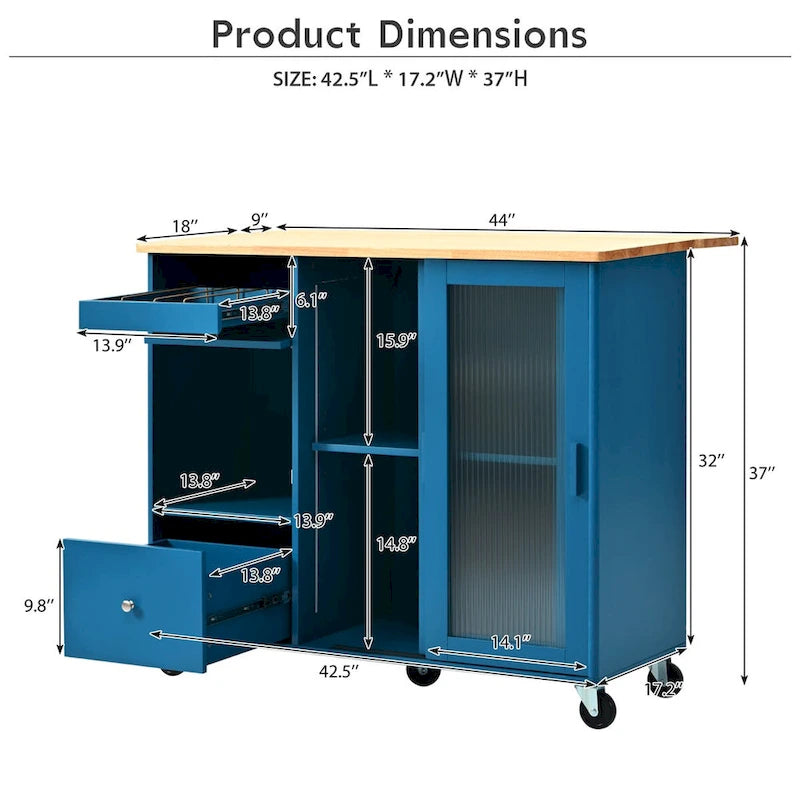 Kitchen Island with Drop Leaf,Light Cart on Wheels with 2 Glass and 1 Flip Cabinet Door,Island Cart with an Shelf and 2 Drawers