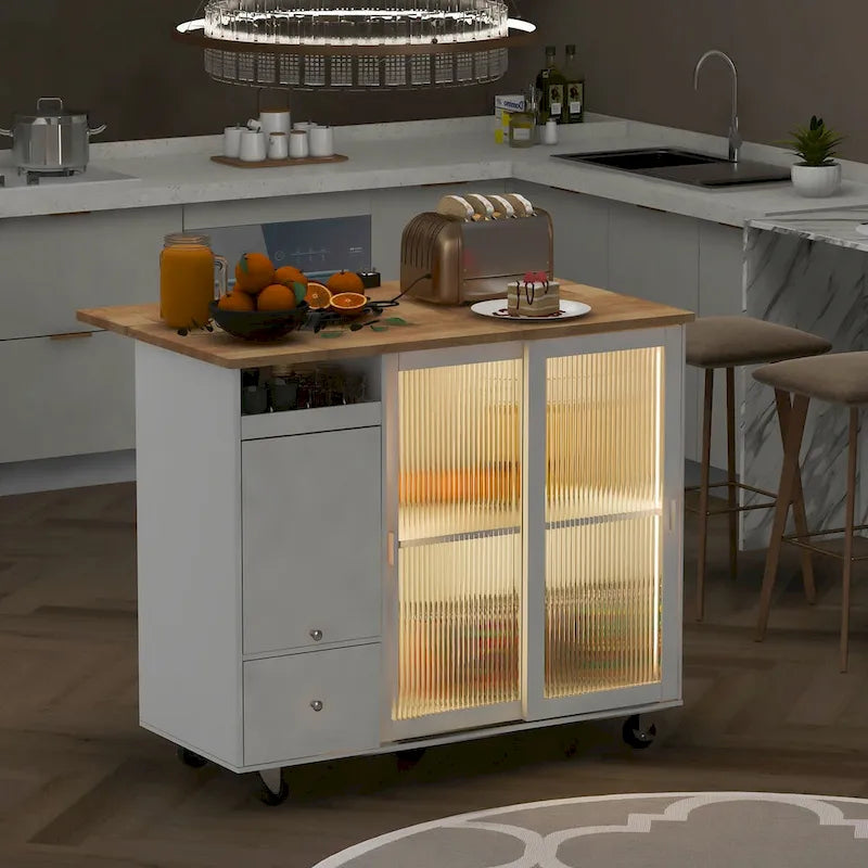 Kitchen Island with Drop Leaf,Light Cart on Wheels with 2 Glass and 1 Flip Cabinet Door,Island Cart with an Shelf and 2 Drawers