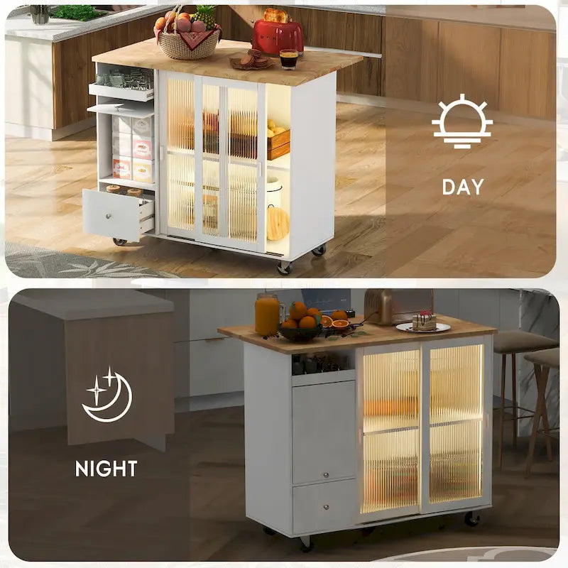 Kitchen Island with Drop Leaf,Light Cart on Wheels with 2 Glass and 1 Flip Cabinet Door,Island Cart with an Shelf and 2 Drawers