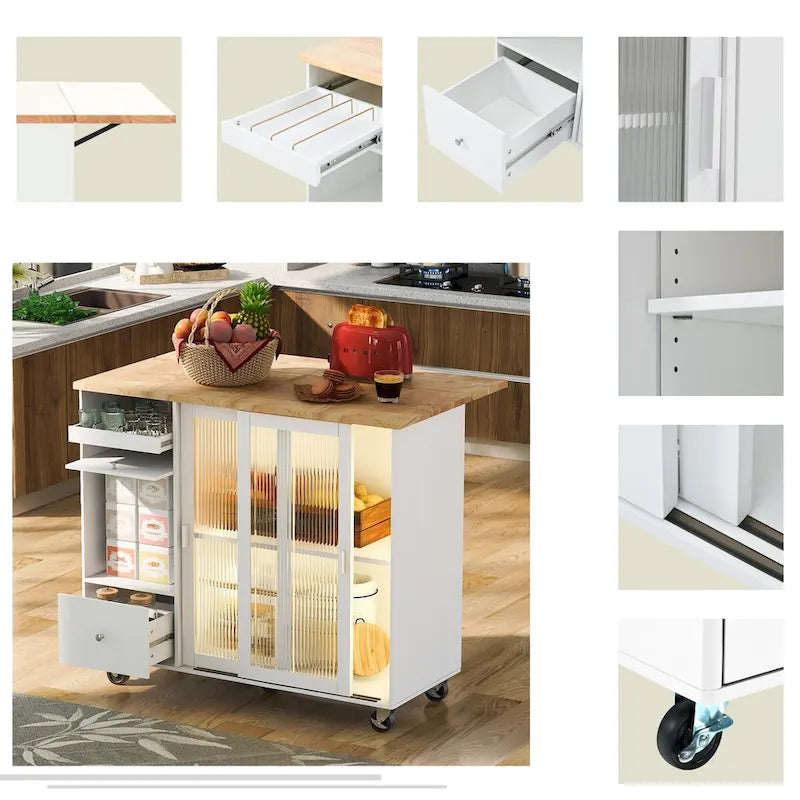 Kitchen Island with Drop Leaf,Light Cart on Wheels with 2 Glass and 1 Flip Cabinet Door,Island Cart with an Shelf and 2 Drawers