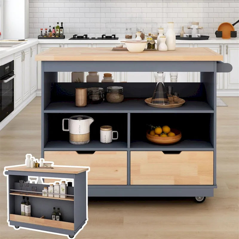 46" Double-Sided Rolling Kitchen Island with 2 Drawers, Open Shelves & Wine Rack