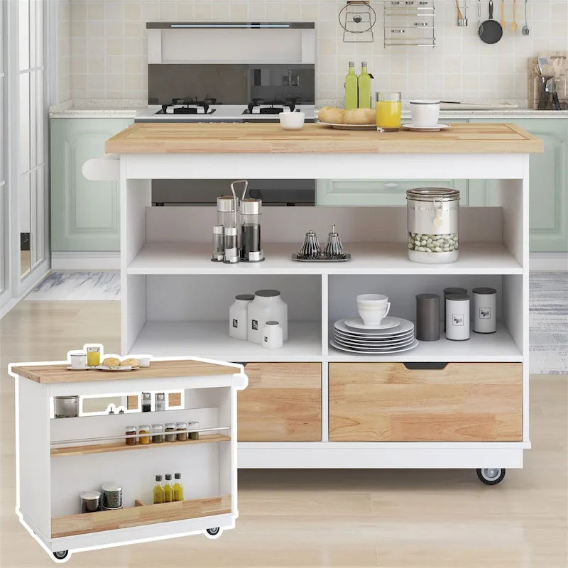 46" Double-Sided Rolling Kitchen Island with 2 Drawers, Open Shelves & Wine Rack
