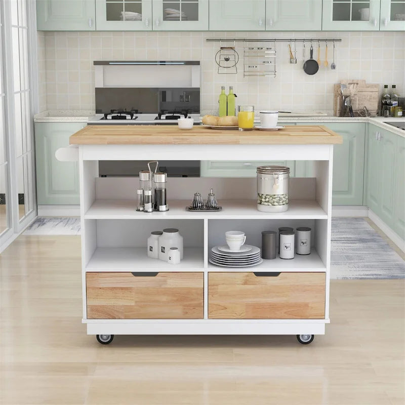 46" Double-Sided Rolling Kitchen Island with 2 Drawers, Open Shelves & Wine Rack