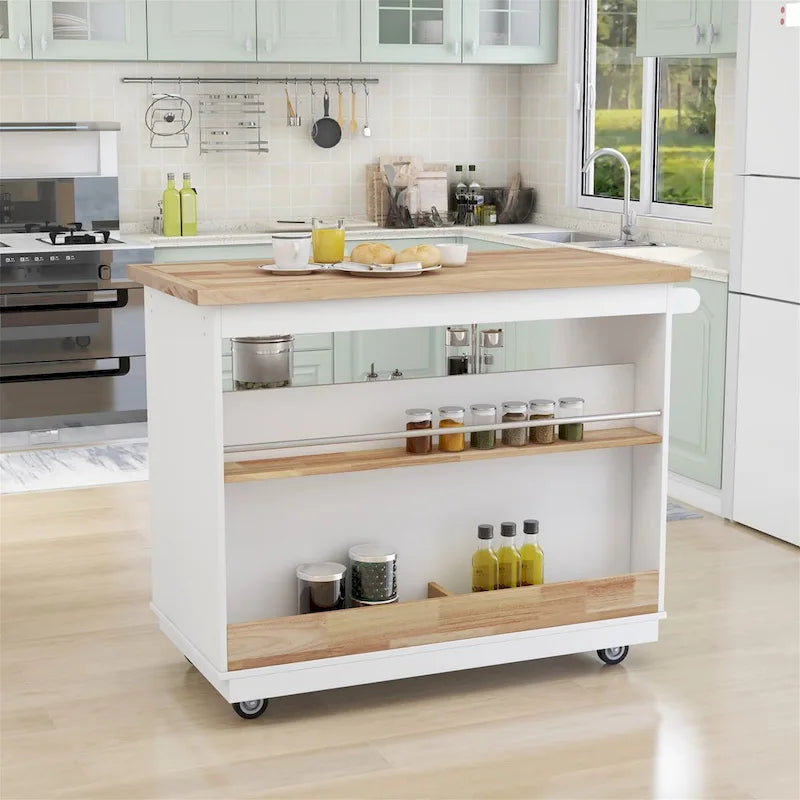 46" Double-Sided Rolling Kitchen Island with 2 Drawers, Open Shelves & Wine Rack
