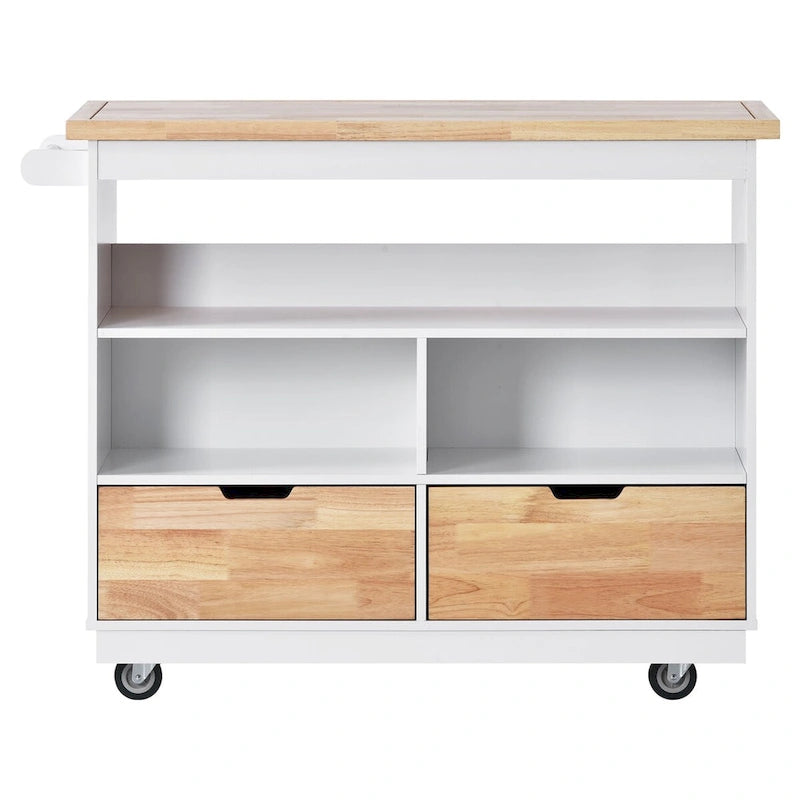 46" Double-Sided Rolling Kitchen Island with 2 Drawers, Open Shelves & Wine Rack