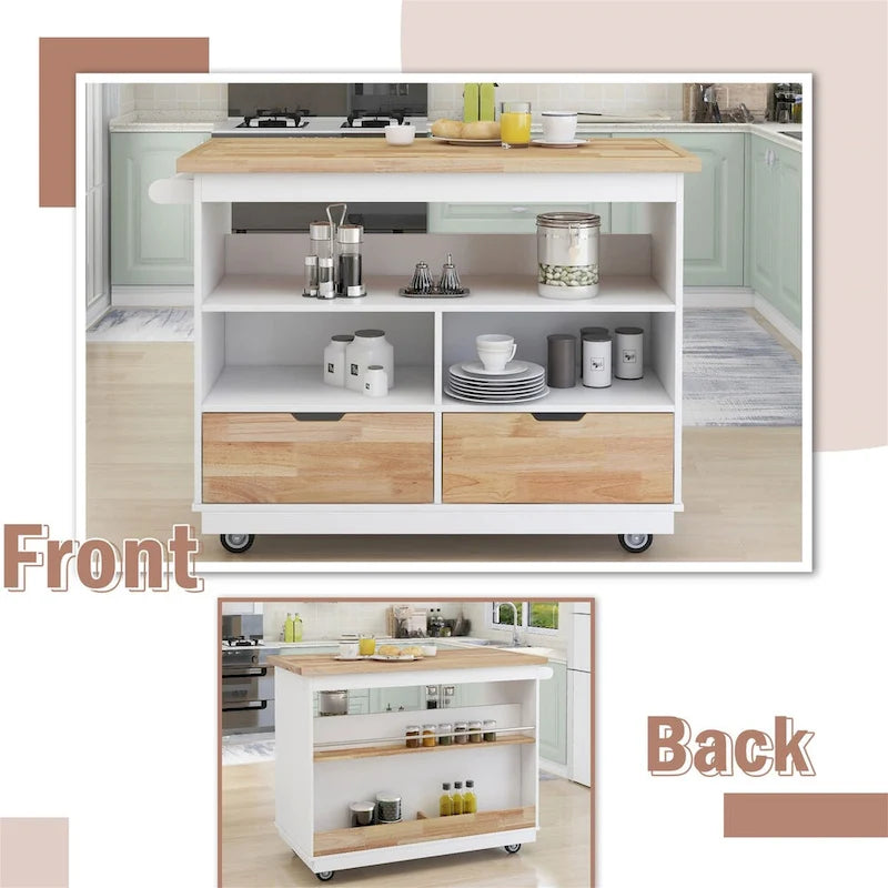 46" Double-Sided Rolling Kitchen Island with 2 Drawers, Open Shelves & Wine Rack
