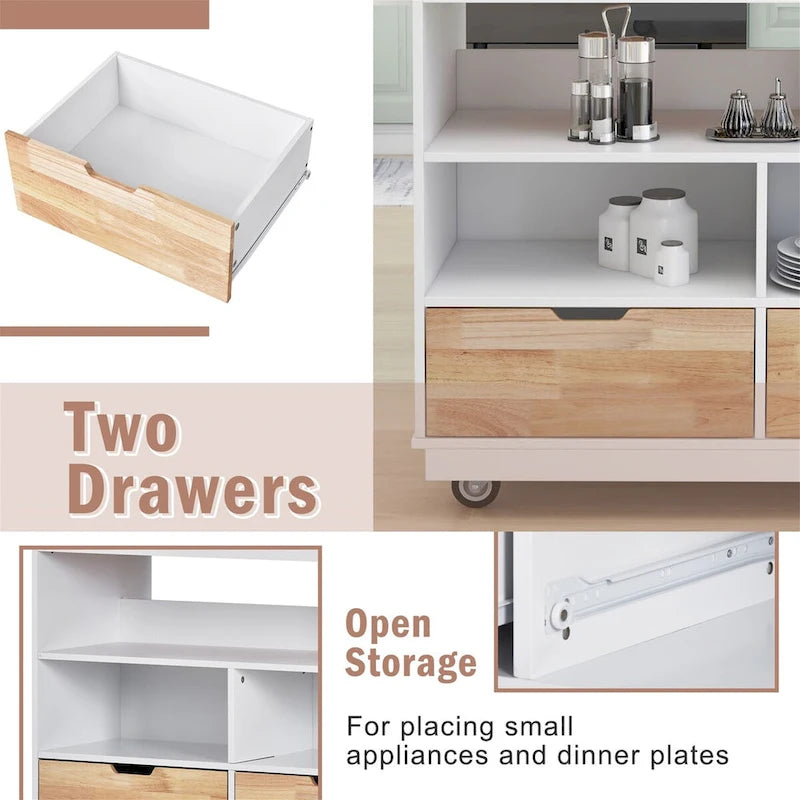 46" Double-Sided Rolling Kitchen Island with 2 Drawers, Open Shelves & Wine Rack