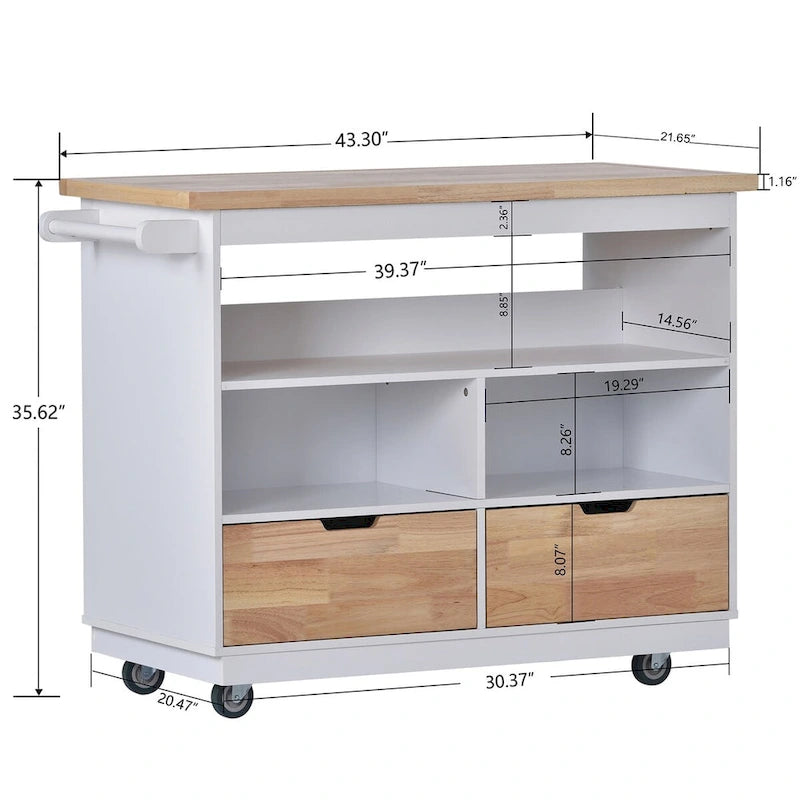 46" Double-Sided Rolling Kitchen Island with 2 Drawers, Open Shelves & Wine Rack