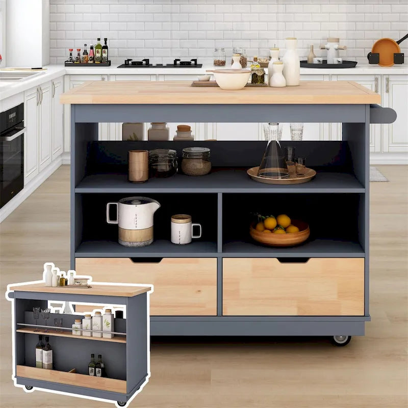 46" Double-Sided Rolling Kitchen Island with 2 Drawers, Open Shelves & Wine Rack