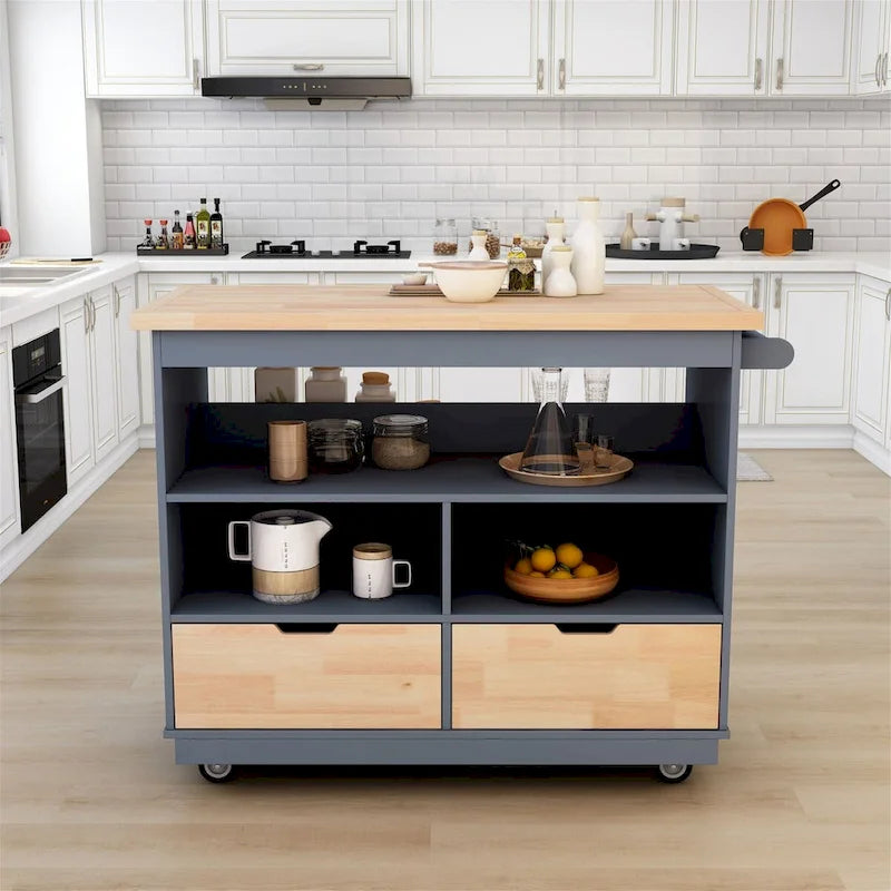 46" Double-Sided Rolling Kitchen Island with 2 Drawers, Open Shelves & Wine Rack
