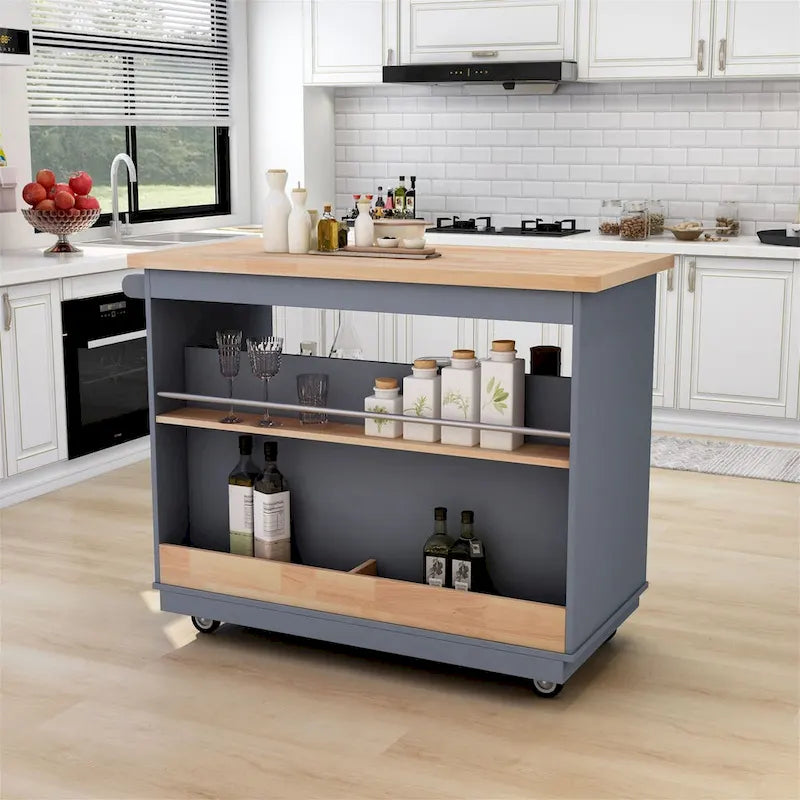 46" Double-Sided Rolling Kitchen Island with 2 Drawers, Open Shelves & Wine Rack