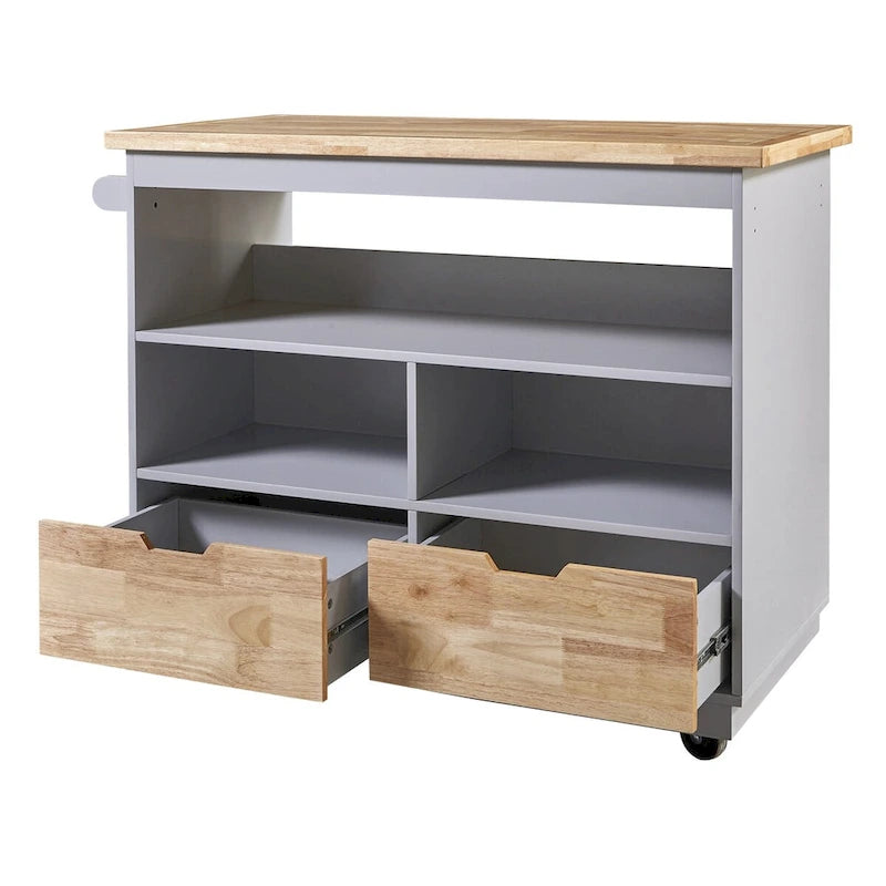 46" Double-Sided Rolling Kitchen Island with 2 Drawers, Open Shelves & Wine Rack