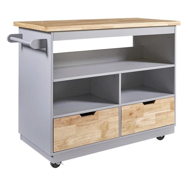 46" Double-Sided Rolling Kitchen Island with 2 Drawers, Open Shelves & Wine Rack