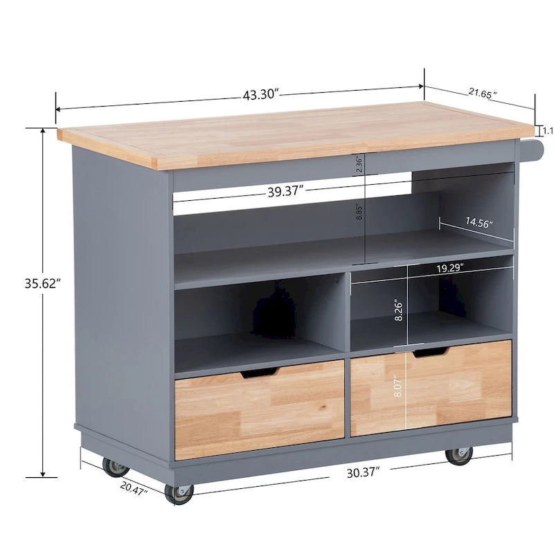 46" Double-Sided Rolling Kitchen Island with 2 Drawers, Open Shelves & Wine Rack