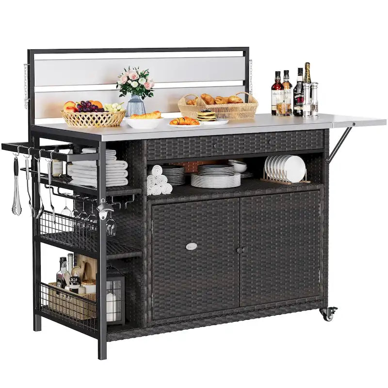 54.3" Wicker Outdoor Bar Cart with Lockable Wheels and Towel Rack