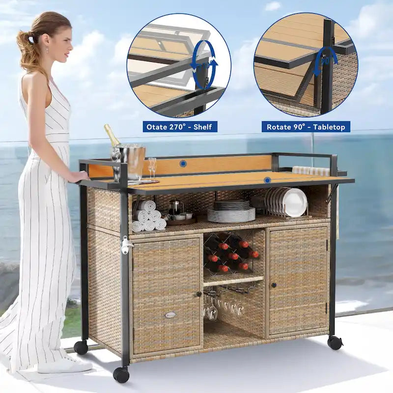 54.3" Wicker Outdoor Bar Cart with Lockable Wheels and Towel Rack