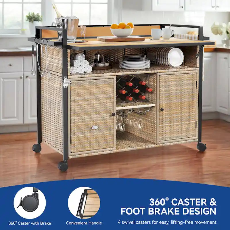 54.3" Wicker Outdoor Bar Cart with Lockable Wheels and Towel Rack
