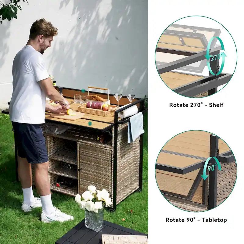 54.3" Wicker Outdoor Bar Cart with Lockable Wheels and Towel Rack