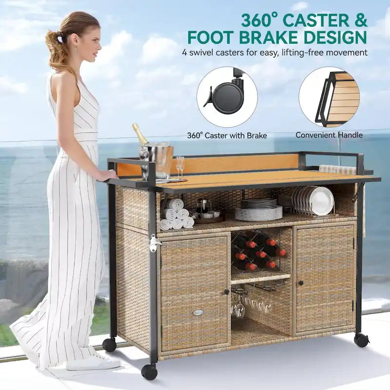 54.3" Wicker Outdoor Bar Cart with Lockable Wheels and Towel Rack