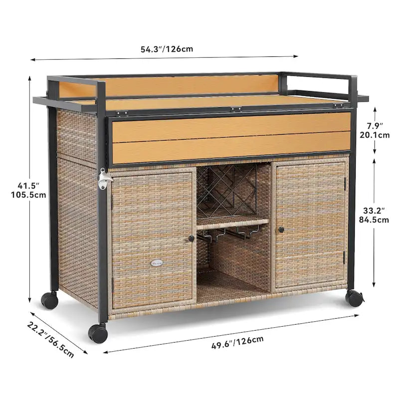 54.3" Wicker Outdoor Bar Cart with Lockable Wheels and Towel Rack