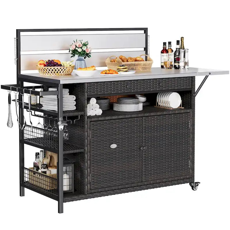54.3" Wicker Outdoor Bar Cart with Lockable Wheels and Towel Rack