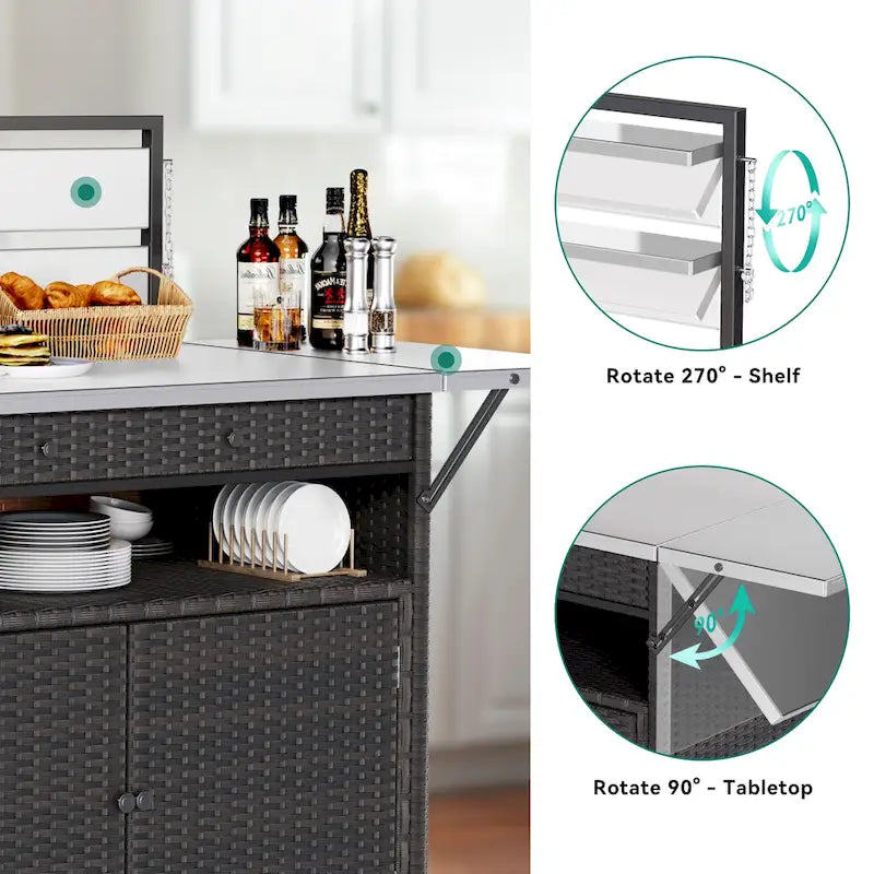 54.3" Wicker Outdoor Bar Cart with Lockable Wheels and Towel Rack