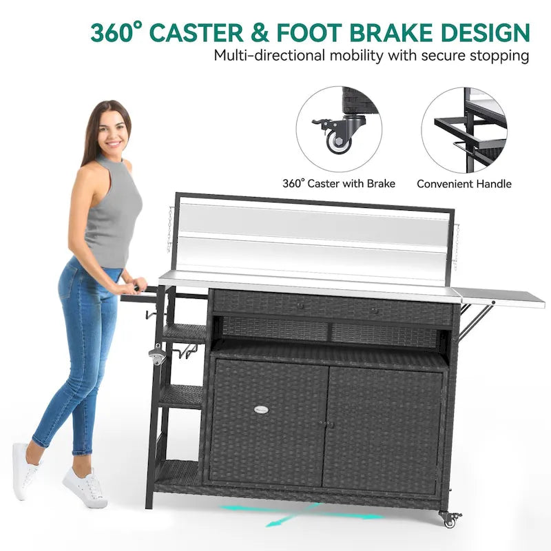 54.3" Wicker Outdoor Bar Cart with Lockable Wheels and Towel Rack