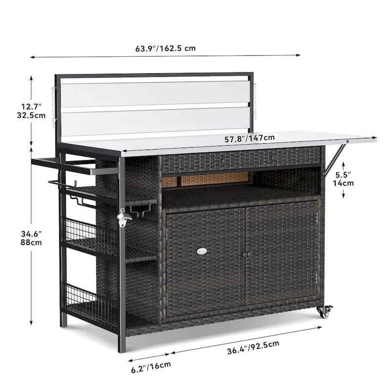 54.3" Wicker Outdoor Bar Cart with Lockable Wheels and Towel Rack