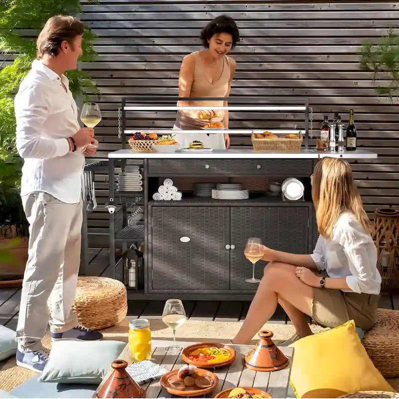 54.3" Wicker Outdoor Bar Cart with Lockable Wheels and Towel Rack