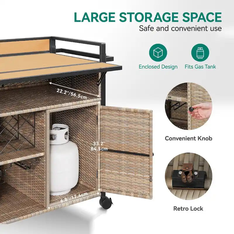 54.3" Wicker Outdoor Bar Cart with Lockable Wheels and Towel Rack