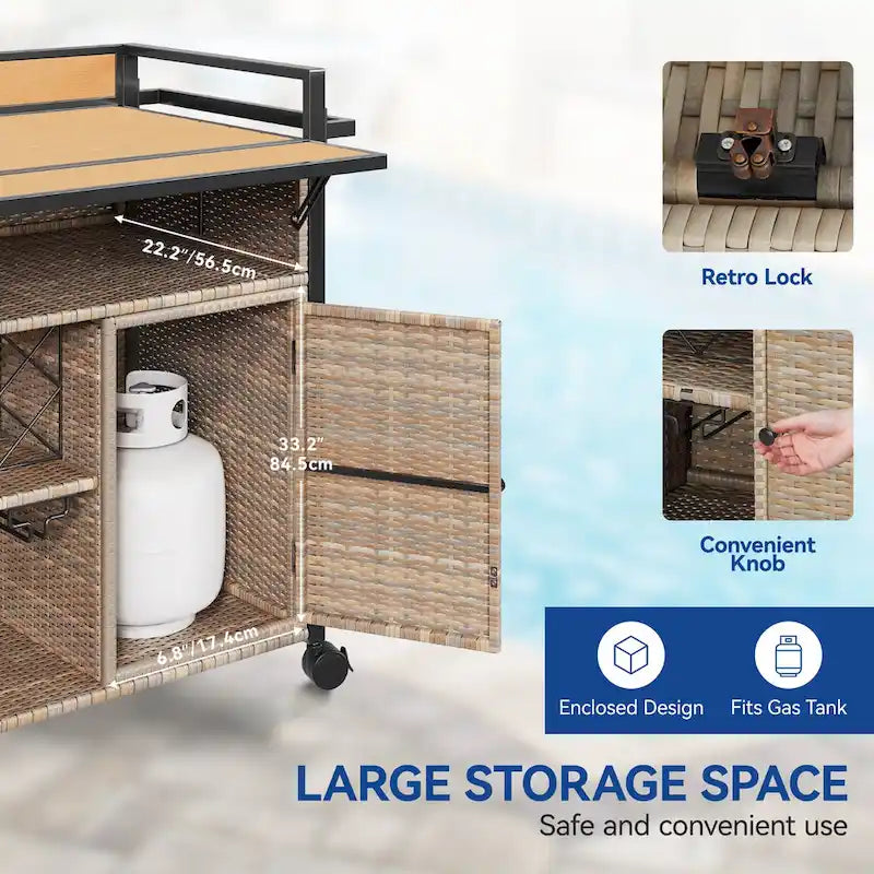 54.3" Wicker Outdoor Bar Cart with Lockable Wheels and Towel Rack