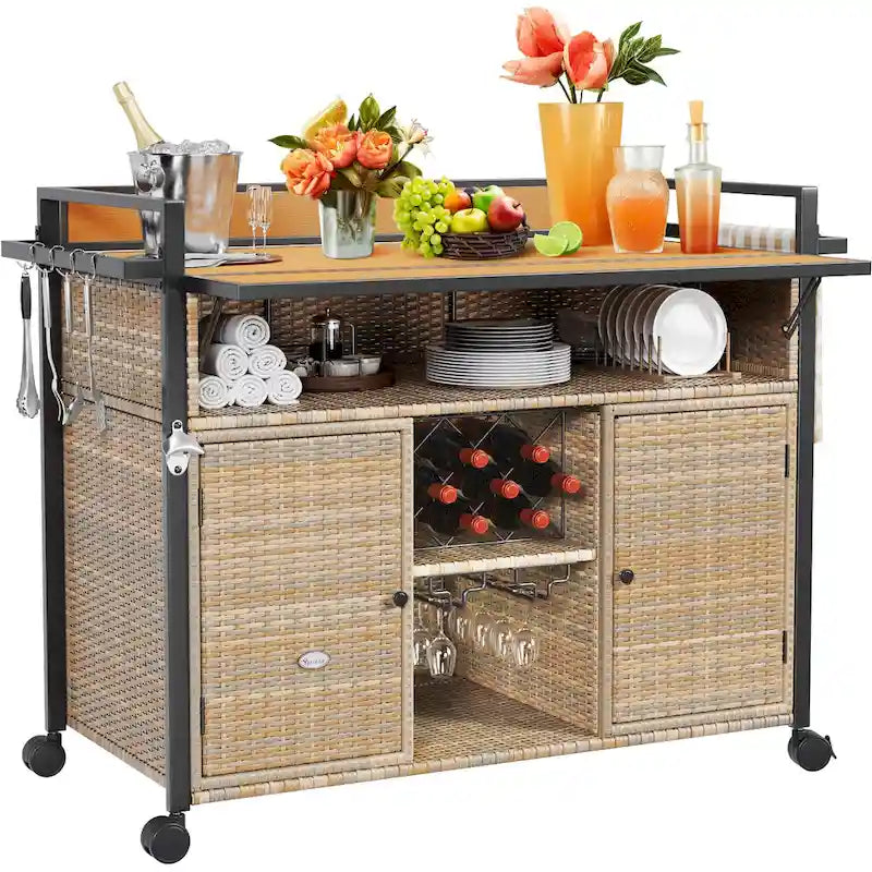 54.3" Wicker Outdoor Bar Cart with Lockable Wheels and Towel Rack