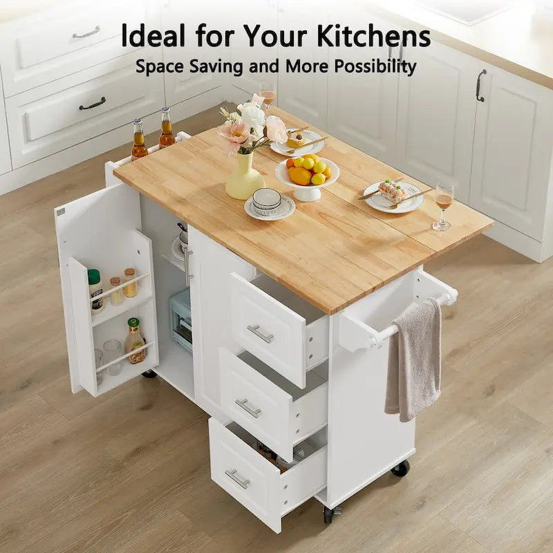 Rolling Kitchen Island Cart, Kitchen Island with Drop Leaf Counter top and Barn Door