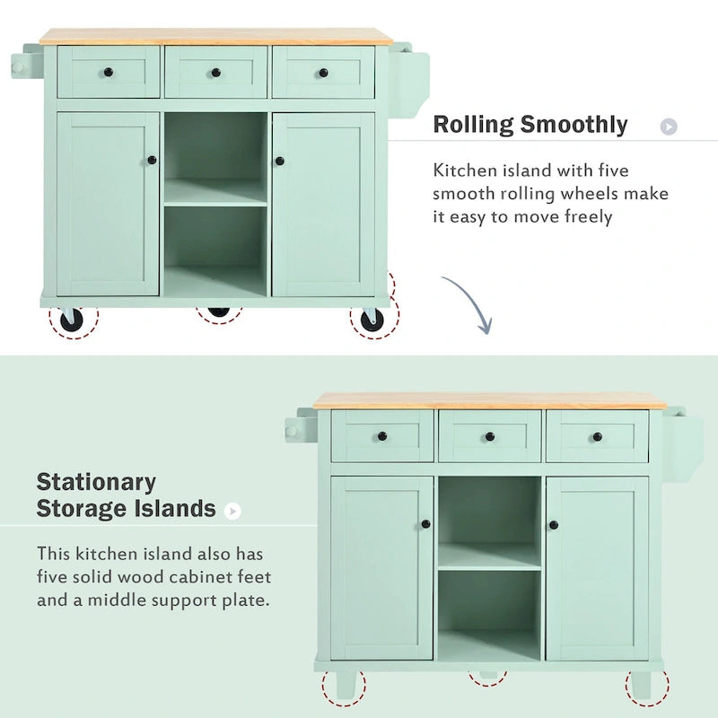Kitchen Cart with Rubber wood Drop-Leaf Countertop ,Kitchen Island on 5 Wheels with Storage Cabinet and 3 Drawers