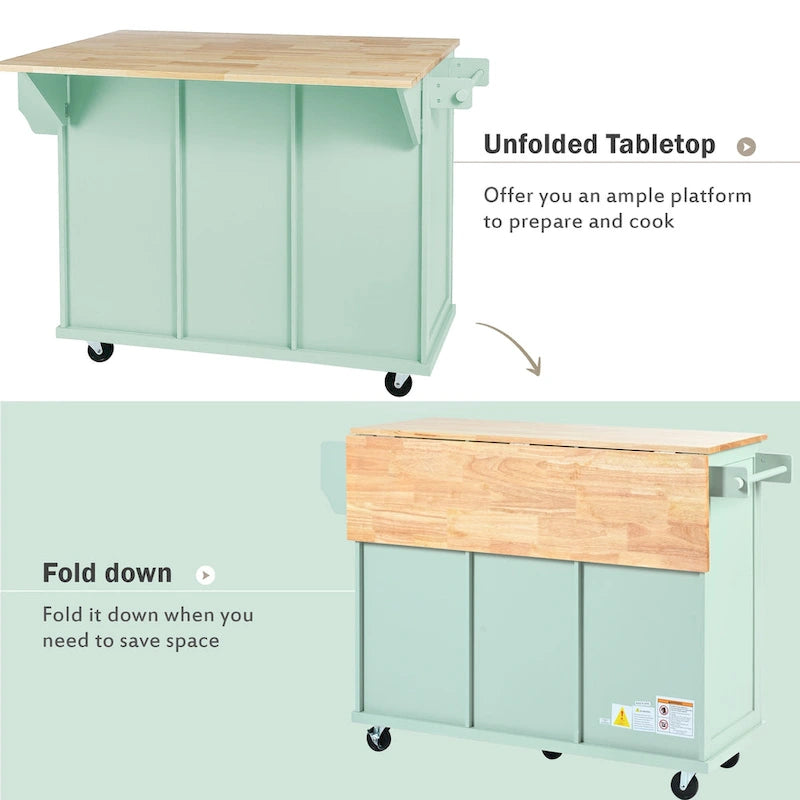 Kitchen Cart with Rubber wood Drop-Leaf Countertop ,Kitchen Island on 5 Wheels with Storage Cabinet and 3 Drawers